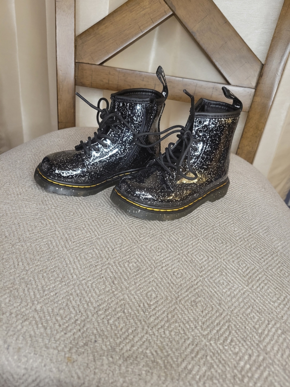 Doc Martens Boots. Black Glitter Lace-Up With Side Zipper.